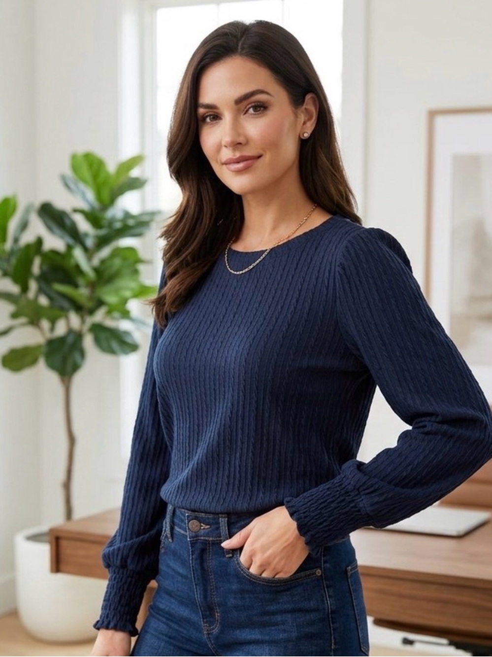 Minkoffetry Navy Long-Sleeve Textured Top